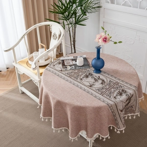 Elegant round tablecloth with landscape print and white tassels for home dining decor