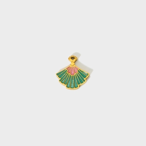 Pendentif éventail doré avec émail vert et rose au design élégant style Art Déco