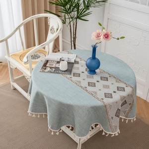 Round light grey blue cotton linen tablecloth with ethnic jacquard and tassel trim