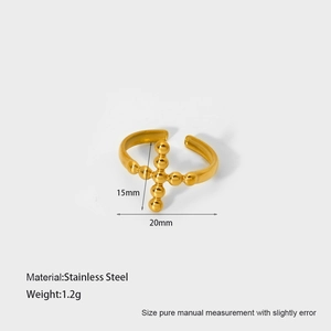Detail showing 18K gold plated stainless steel cross ring dimensions and material specs