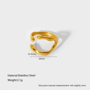 Detailed macro view of 18K gold plated irregular wave ring with 15.5mm width and 20mm height
