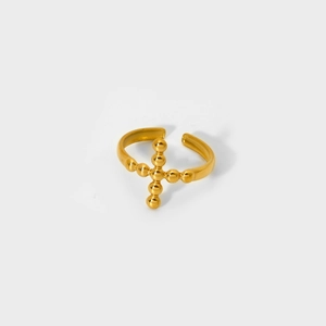 18K gold plated stainless steel open ring with a minimalist beaded cross design for women
