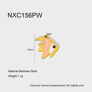 Detail showing 16mm stainless steel tropical fish pendant with pink enamel and size dimensions