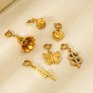 Stainless Steel Zirconia Pendant With Spring Clasp Gold Plated DIY Jewelry Heart Butterfly Dice Badminton Dollar Lightning