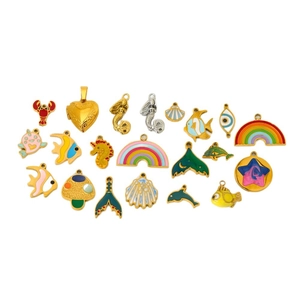 DIY colorful enamel ocean charms set featuring mermaids, sea shells and rainbow pendants