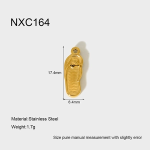 Macro detail of gold plated stainless steel flip-flop pendant NXC164 with size dimensions