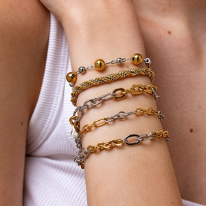Stackable twisted rope and gold bead stainless steel bracelets for women