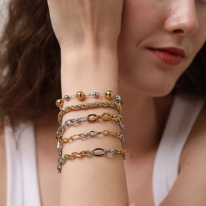 5-piece mixed metal twist and bead chain bracelet set in 18k gold and silver tones