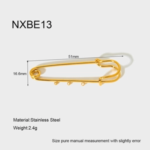 Macro detail of a 51mm golden stainless steel pin with three loops and size annotations