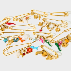 18K gold plated stainless steel safety pin brooch with colorful ocean and nature charms