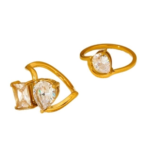 Elegant 18K gold plated stainless steel rings with pear and emerald cut cubic zirconia