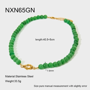 Detailed specs of green glass bead necklace with gold stainless steel clasp and chain