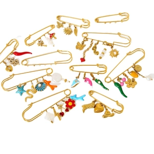 18K gold plated stainless steel safety pin brooches with various colorful charms and pearls