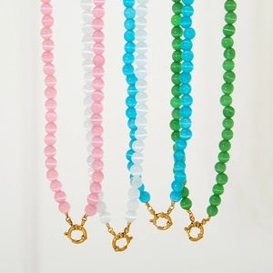Elegant Cat Eye Acrylic Beaded Necklace For Women Titanium Steel Clasp Fashion Commuter Necklace Jewelry Pink Blue Green