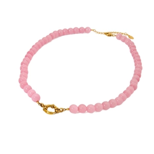 Pink cat eye beaded necklace with adjustable gold clasp on a clean white background