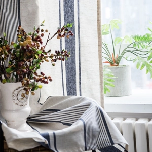 Blue and white striped cotton linen curtain in American rustic style for home decor