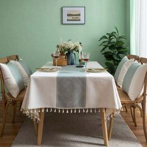 Nordic minimalist table cloth with sage green diamond jacquard pattern and fringe tassels