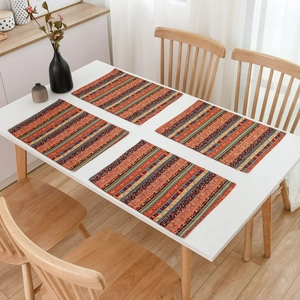 Set of 4 Bohemian style heat-resistant cotton linen placemats with red striped patterns