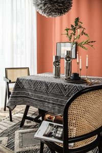 Detail of geometric triangle pattern and thick texture on a linen tablecloth