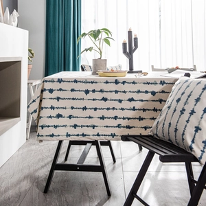 Blue Wavy Stripe Print Cotton Linen Tablecloth Modern Minimalist Rectangular Dustproof Table Cover For Dining Room Kitchen Home Decor