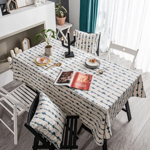 Blue wavy stripe printed linen tablecloth and matching cushion set for dining decor