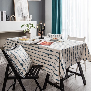 Blue ripple stripe linen tablecloth and matching cushion set for dining room decor