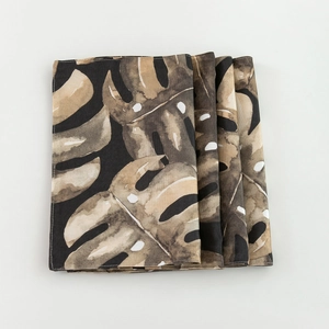 Set of 4 Nordic tropical monstera leaf placemats in vintage black and brown cotton linen