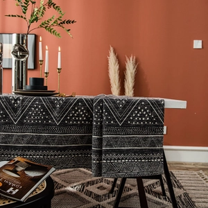 Bohemian geometric triangle print cotton linen tablecloth in black and white finish