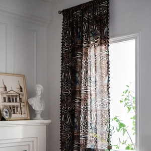 Bohemian leopard zebra print cotton linen semi-sheer curtain with black fringe tassels