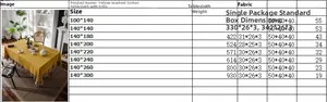 Size chart showing weight for yellow ruffled washed cotton tablecloth in various lengths