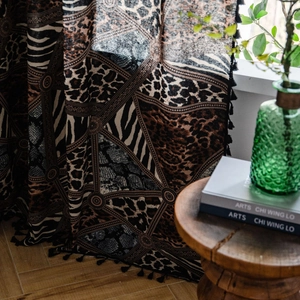 Bohemian leopard and geometric print cotton linen curtain with black tassel edge for living room