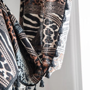 Bohemian leopard and zebra print cotton linen scarf with black fringe tassels
