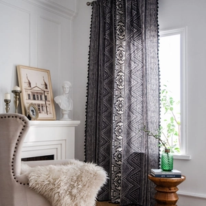 Bohemian Black Geometric Printed Cotton Curtain With Tassels For Kitchen Living Room Decorative Doorway Window Drape