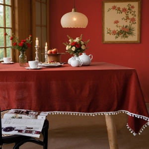 Einfarbige Rechteckige Tischdecke Polyester-Baumwoll-Mischgewebe Tischdecke Mit Weißen Pom-Pom Borte Für Haus Party Dekoration