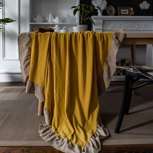 Vintage ginger yellow ruffled tablecloth made of high-quality washed cotton and linen