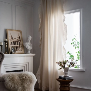 French Vintage Ruffle Cotton Curtain Semi Blackout Solid Color Window Drapes For Kitchen Living Room Rod Pocket Hook Grommet Top