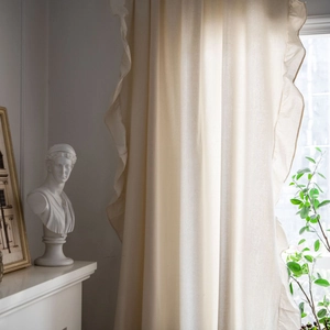 French style white ruffled cotton linen curtain with light filtering texture for small windows