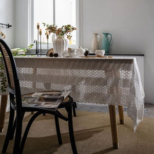 French vintage white lace tablecloth with hollow carved patterns and elegant fringe trim