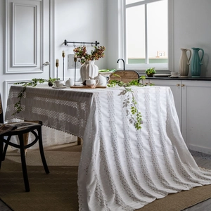 White French vintage jacquard lace tablecloth with hollow patterns and scalloped edges