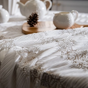 White French vintage jacquard lace tablecloth with 3D wave texture and hollow embroidery