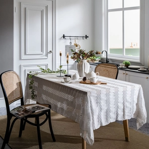 French vintage white lace tablecloth with elegant pleated patterns for rectangular tables