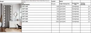 Detailed size chart for cotton linen curtains showing dimensions and product weights