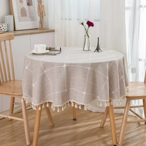Japanese Style Round Tablecloth Chemical Fiber Plaid Floral Embroidery Tassel Fringe Dining Table Dustproof Home Decor