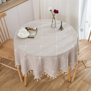Japanese style round linen tablecloth with grid patterns and tassels for coffee table