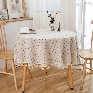 Round Cotton Linen Blend Tablecloth Washable Printed Decorative Table Cover With Tassels Geometric Pattern For Dining Room