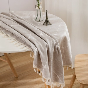 Linen style plaid tablecloth with white fringe tassel edges for round coffee tables