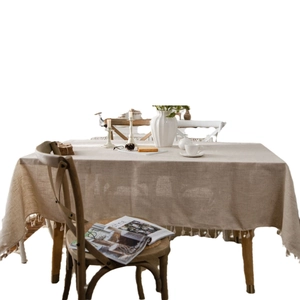 Linen cotton beige tablecloth with tassels for rustic dining room home decor