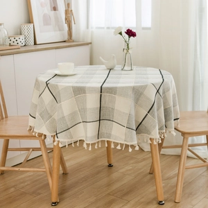 Japanese Style Round Plaid Tablecloth Synthetic Fiber Tassel Fringed Dining Table Cover For Coffee Table Home Decor