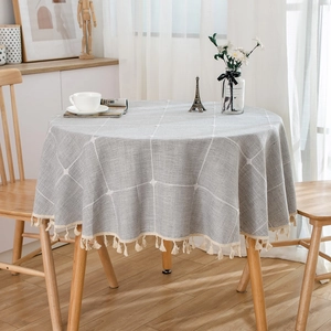 Japanese style gray linen round tablecloth with white grid pattern and beige tassel trim