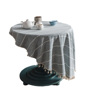 Japanese style green cotton linen round tablecloth with white embroidery and tassels